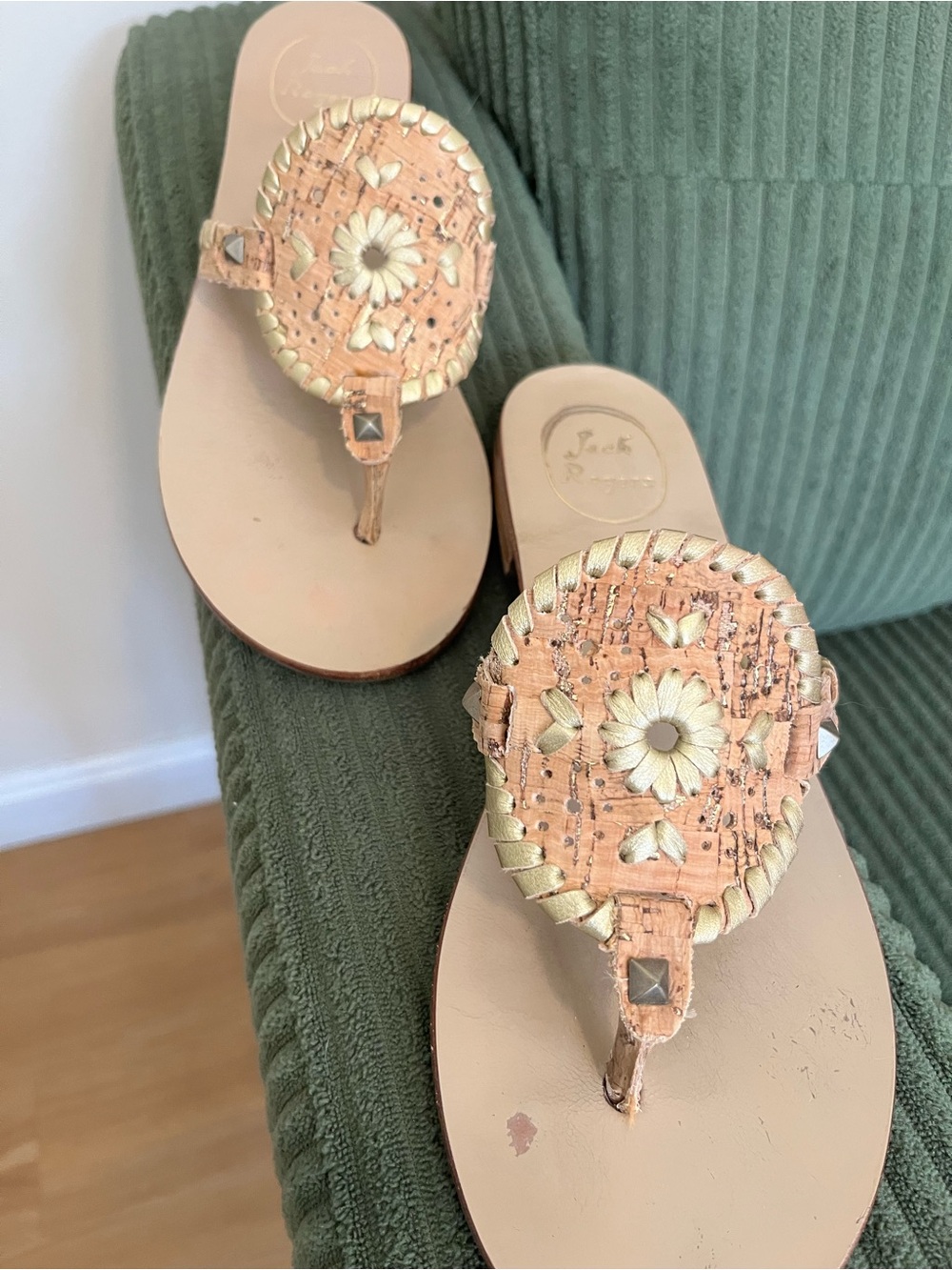 Jack Rogers Tan and Gold Leather Daisy Sandals